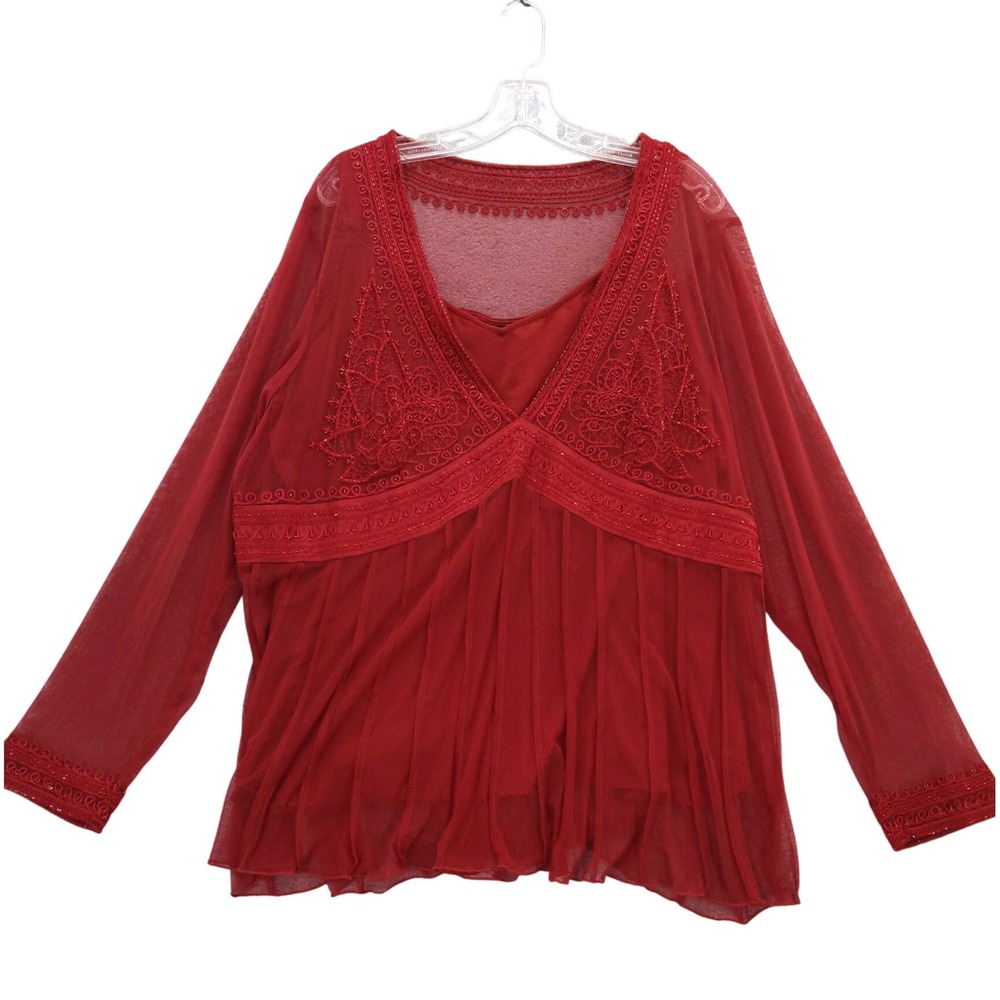 Lane Bryant 26/28 Red Beaded Lace Overlay Blouse Top Boho‎ Fairy Whimsigoth